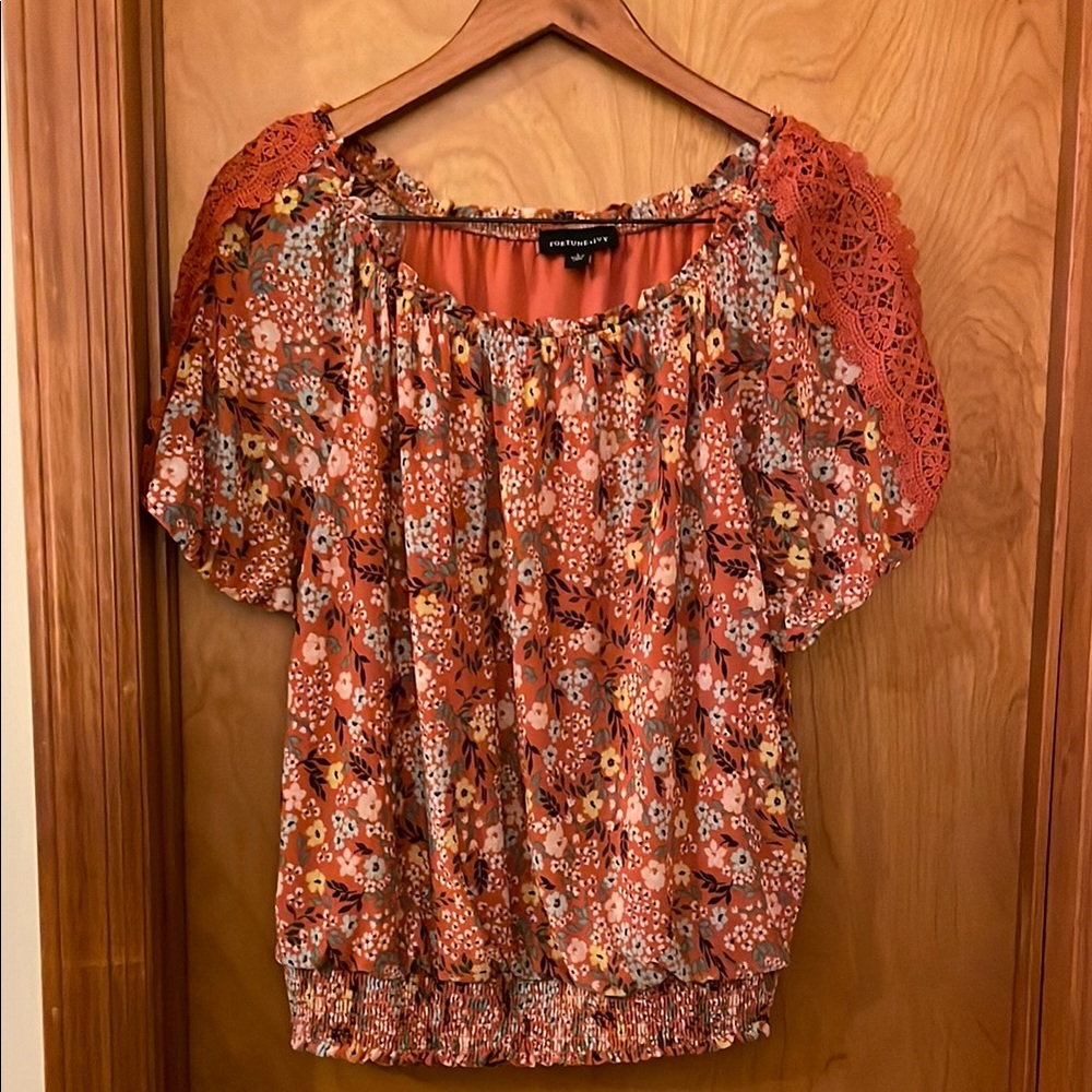 Orange and Brown Puff Sleeve Blouse with Ruffled Neckline